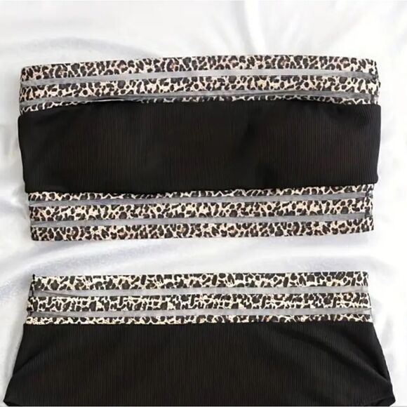 Contrast Mesh Leopard Print 2 Piece Straple Bikini High Waist Elastic Black - Picture 3 of 6